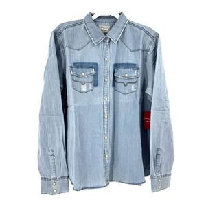 Kimes Ranch Kaycee Denim Chambray Pearl Snap Shirt Women's XXL Destressed NEW